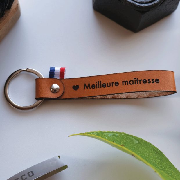 Porte clé cuir "Meilleure maitresse" personnalisé, camel